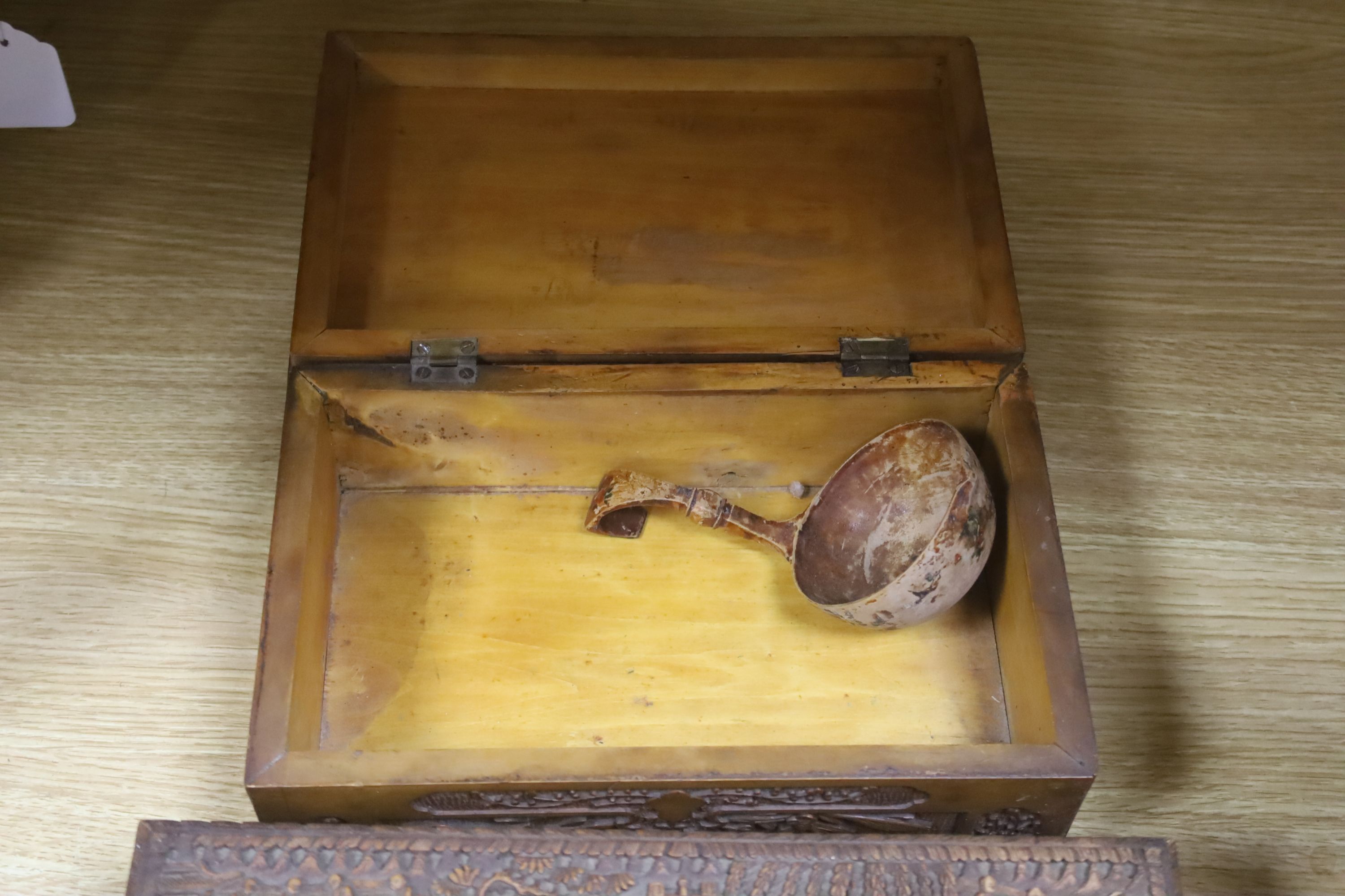 Three 19th century Chinese carved sandalwood boxes, 19th/20th century, longest 30cm